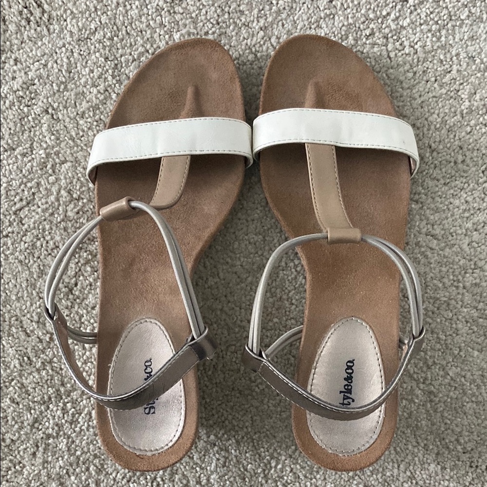 Stylish Women's Sandals - White. Pewter Metallic and Tan